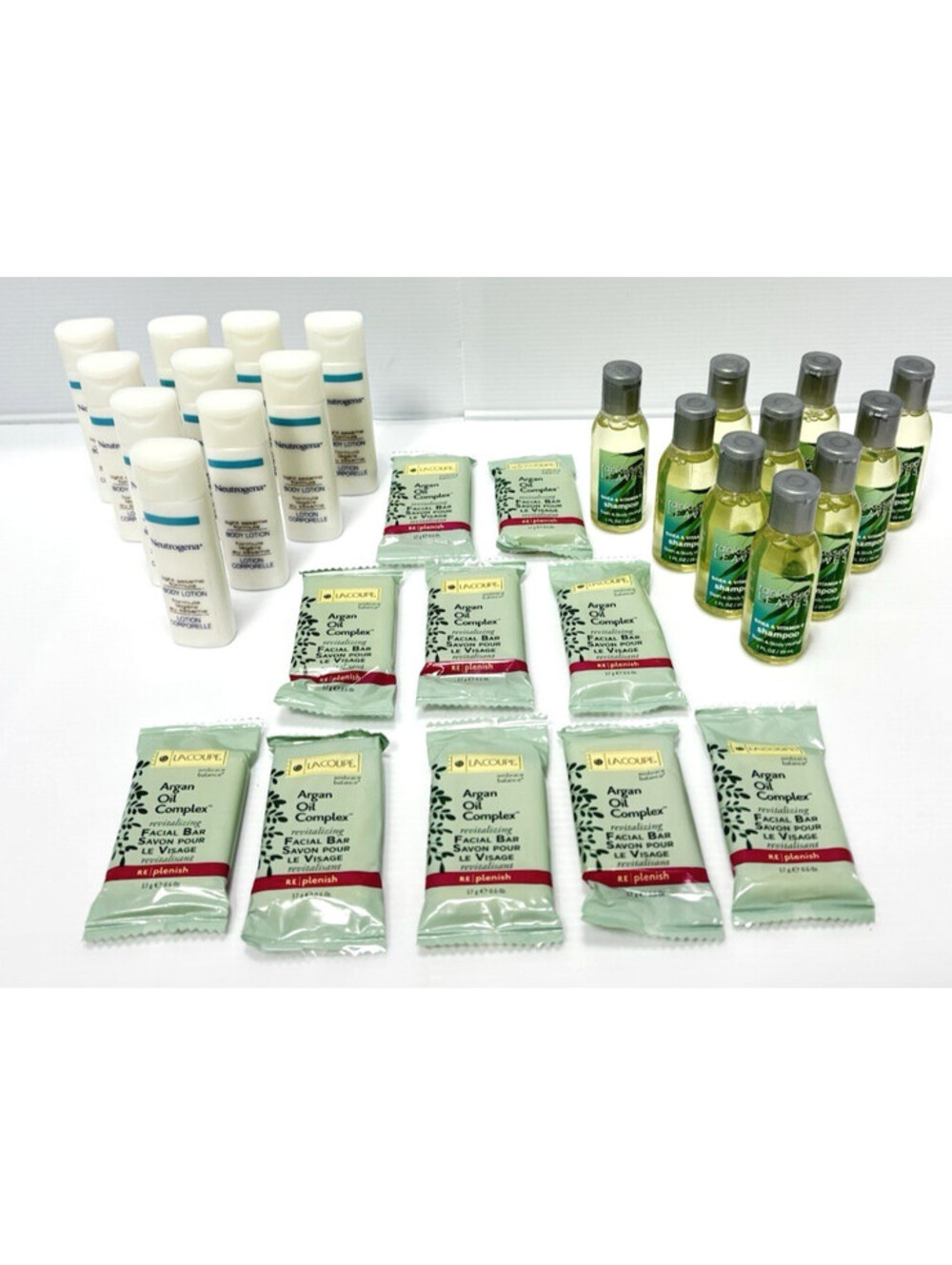 30pc Hotel Travel Size Toiletries Soap Shampoo Lotion Neutrogena Lacoupe Discon